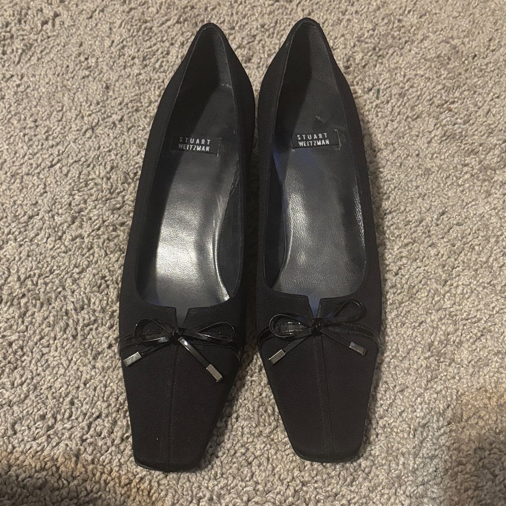Stuart Weitzman Chic Black Kitten Heels with Bow Accent, 6.5 AA